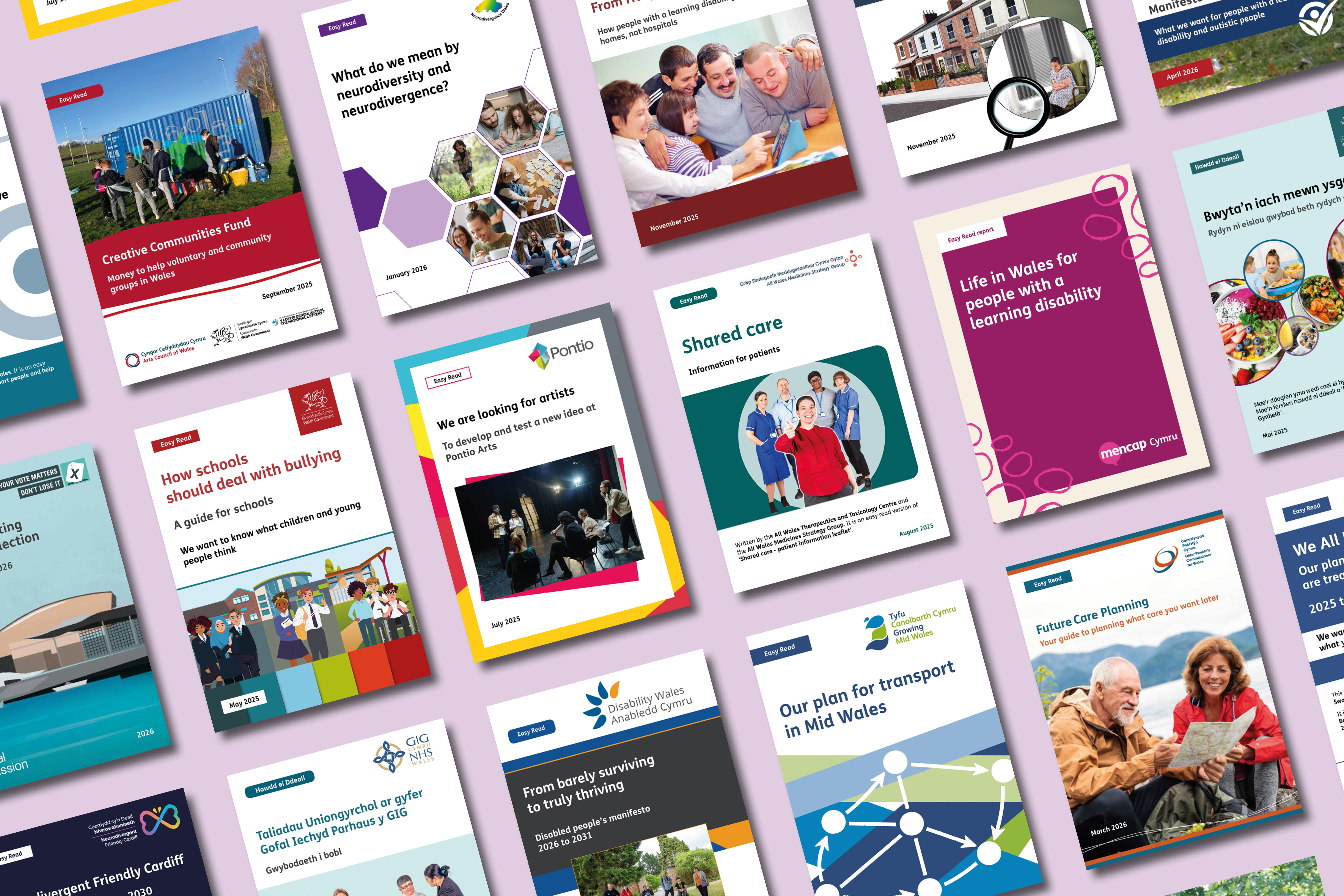 A spread of 18 Easy Read Wales covers from 2025 to 2026.